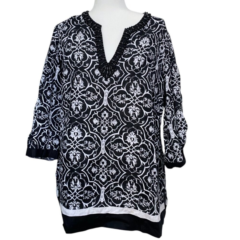 Style & Co. 100% Linen Tunic Tunic Top 16W | Beaded V-Neck Damask Print